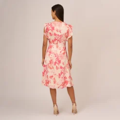 Adrianna Papell Floral Printed Midi Dress With Flutter Sleeves In Coral Ecru -Cheap Vesta Gleam Store AP1D105004 AE952 Regular Back