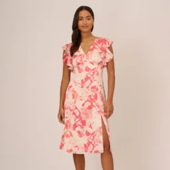 Adrianna Papell Floral Printed Midi Dress With Flutter Sleeves In Coral Ecru -Cheap Vesta Gleam Store AP1D105004 AE952 Regular Default c4694982 5b80 48df 8a87 c9a353493923