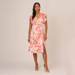 Adrianna Papell Floral Printed Midi Dress With Flutter Sleeves In Coral Ecru -Cheap Vesta Gleam Store AP1D105004 AE952 Regular Front
