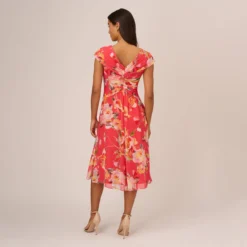 Adrianna Papell Floral Print Midi Dress With Twist Neckline In Coral Multi -Cheap Vesta Gleam Store AP1D105006 AA955 Regular Back