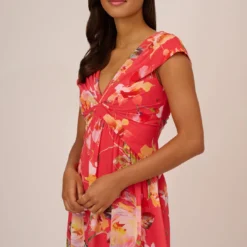 Adrianna Papell Floral Print Midi Dress With Twist Neckline In Coral Multi -Cheap Vesta Gleam Store AP1D105006 AA955 Regular Detail
