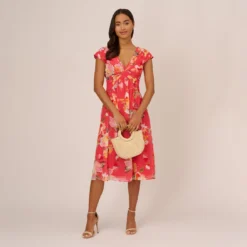 Adrianna Papell Floral Print Midi Dress With Twist Neckline In Coral Multi
