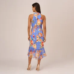 Adrianna Papell Floral Print Faux Wrap Halter Dress With Ruffle Details In Peri Multi -Cheap Vesta Gleam Store AP1D105007 AC494 Regular Back