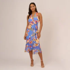 Adrianna Papell Floral Print Faux Wrap Halter Dress With Ruffle Details In Peri Multi -Cheap Vesta Gleam Store AP1D105007 AC494 Regular Default 864ba9af 546d 4dd9 827c dc7f23b2b142