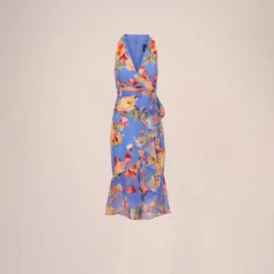 Adrianna Papell Floral Print Faux Wrap Halter Dress With Ruffle Details In Peri Multi -Cheap Vesta Gleam Store AP1D105007 AC494 Regular Flat