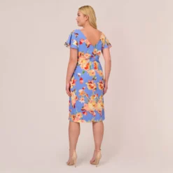 Adrianna Papell Plus Size Flutter Sleeve Floral Print Dress With Tie Front In Peri Multi -Cheap Vesta Gleam Store AP1D105008 AC494 Plus Back