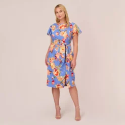 Adrianna Papell Plus Size Flutter Sleeve Floral Print Dress With Tie Front In Peri Multi