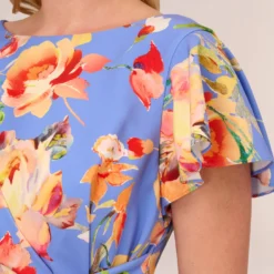 Adrianna Papell Plus Size Flutter Sleeve Floral Print Dress With Tie Front In Peri Multi -Cheap Vesta Gleam Store AP1D105008 AC494 Plus Detail