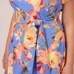 Adrianna Papell Plus Size Flutter Sleeve Floral Print Dress With Tie Front In Peri Multi -Cheap Vesta Gleam Store AP1D105008 AC494 Plus Lifestyle