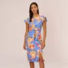 Adrianna Papell Flutter Sleeve Floral Print Dress With Tie Front In Peri Multi
