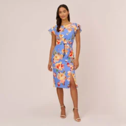Adrianna Papell Flutter Sleeve Floral Print Dress With Tie Front In Peri Multi -Cheap Vesta Gleam Store AP1D105008 AC494 Regular Front