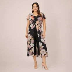 Adrianna Papell Plus Size Floral-Print Chiffon And Jersey Cropped Jumpsuit In Black Multi