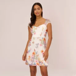 Adrianna Papell Multicolor Floral Embroidered Dress With Sheer Cap Sleeves In Ivory Multi