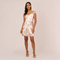 Adrianna Papell Multicolor Floral Embroidered Dress With Sheer Cap Sleeves In Ivory Multi -Cheap Vesta Gleam Store AP1D105015 AA178 Regular Front