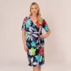 Adrianna Papell Plus Size Floral Knotted Sheath Dress With Elbow-Length Sleeves In Dark Navy Multi