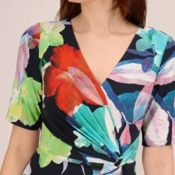 Adrianna Papell Floral Knotted Sheath Dress With Elbow-Length Sleeves In Dark Navy Multi -Cheap Vesta Gleam Store AP1D105033 BF410 Regular Detail