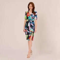 Adrianna Papell Floral Knotted Sheath Dress With Elbow-Length Sleeves In Dark Navy Multi -Cheap Vesta Gleam Store AP1D105033 BF410 Regular Front
