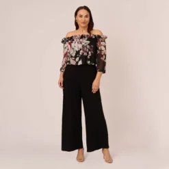 Adrianna Papell Plus Size Off The Shoulder Jumpsuit With Floral Embroidered Bodice In Black Multi