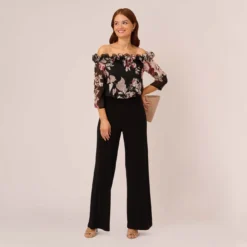 Adrianna Papell Off The Shoulder Jumpsuit With Floral Embroidered Bodice In Black Multi