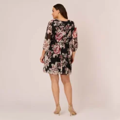 Adrianna Papell Plus Size Floral Chiffon Dress With Three Quarter Length Sleeves In Black Multi -Cheap Vesta Gleam Store AP1D105038 AA963 Plus Back