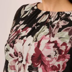 Adrianna Papell Plus Size Floral Chiffon Dress With Three Quarter Length Sleeves In Black Multi -Cheap Vesta Gleam Store AP1D105038 AA963 Plus Detail