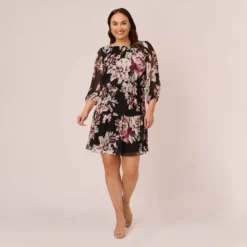 Adrianna Papell Plus Size Floral Chiffon Dress With Three Quarter Length Sleeves In Black Multi -Cheap Vesta Gleam Store AP1D105038 AA963 Plus Front