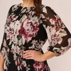 Adrianna Papell Plus Size Floral Chiffon Dress With Three Quarter Length Sleeves In Black Multi -Cheap Vesta Gleam Store AP1D105038 AA963 Plus Lifestyle