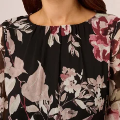 Adrianna Papell Floral Chiffon Dress With Three Quarter Length Sleeves In Black Multi -Cheap Vesta Gleam Store AP1D105038 AA963 Regular Detail
