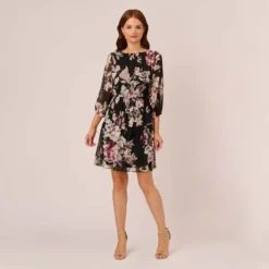 Adrianna Papell Floral Chiffon Dress With Three Quarter Length Sleeves In Black Multi -Cheap Vesta Gleam Store AP1D105038 AA963 Regular Front