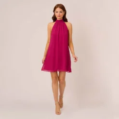 Adrianna Papell Sleeveless Pleated Chiffon Shift Dress With Mock Neckline In Magenta -Cheap Vesta Gleam Store AP1D105040 AA670 Regular Front