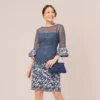 Adrianna Papell Floral Lattice Embroidered Sheath Dress With Sheer Sleeves In Navy Ivory