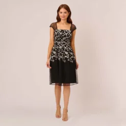 Adrianna Papell Floral Embroidered Midi Dress With Sheer Cap Sleeves In Black Ivory
