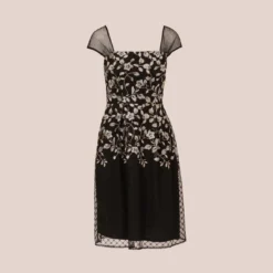 Adrianna Papell Floral Embroidered Midi Dress With Sheer Cap Sleeves In Black Ivory -Cheap Vesta Gleam Store AP1D105045 AA019 Regular Flat