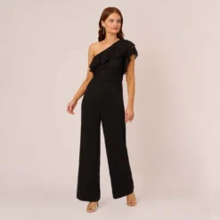 Adrianna Papell One Shoulder Crepe Jumpsuit With Lace Ruffle Details In Black