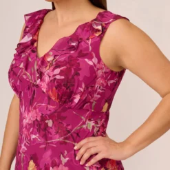 Adrianna Papell Plus Size Metallic Floral Chiffon Midi Dress With Ruffled Neckline In Raspberry Multi -Cheap Vesta Gleam Store AP1D105052 AJ521 Plus Lifestyle