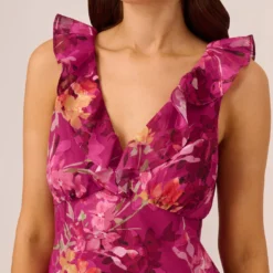 Adrianna Papell Metallic Floral Chiffon Midi Dress With Ruffled Neckline In Raspberry Multi -Cheap Vesta Gleam Store AP1D105052 AJ521 Regular Detail