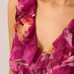 Adrianna Papell Metallic Floral Chiffon Midi Dress With Ruffled Neckline In Raspberry Multi -Cheap Vesta Gleam Store AP1D105052 AJ521 Regular Lifestyle