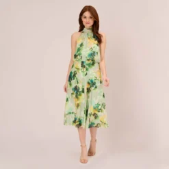 Adrianna Papell Floral Print Chiffon Halter Dress With Mock Neckline In Green Multi