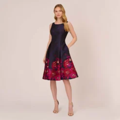 Adrianna Papell Jacquard Midi Dress With Metallic Floral Trim In Navy Pink Multi -Cheap Vesta Gleam Store AP1D105054 DE980 Regular Front