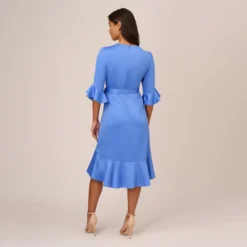 Adrianna Papell Satin Faux Wrap Dress With Ruffled Three-Quarter Sleeves In Precious Peri -Cheap Vesta Gleam Store AP1D105057 AM492 Regular Back