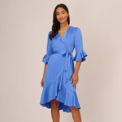 Adrianna Papell Satin Faux Wrap Dress With Ruffled Three-Quarter Sleeves In Precious Peri -Cheap Vesta Gleam Store AP1D105057 AM492 Regular Default c9c0d567 d6f4 45c6 943f 5bc2f5045655