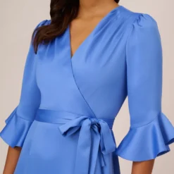 Adrianna Papell Satin Faux Wrap Dress With Ruffled Three-Quarter Sleeves In Precious Peri -Cheap Vesta Gleam Store AP1D105057 AM492 Regular Detail