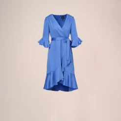 Adrianna Papell Satin Faux Wrap Dress With Ruffled Three-Quarter Sleeves In Precious Peri -Cheap Vesta Gleam Store AP1D105057 AM492 Regular Flat
