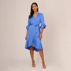 Adrianna Papell Satin Faux Wrap Dress With Ruffled Three-Quarter Sleeves In Precious Peri -Cheap Vesta Gleam Store AP1D105057 AM492 Regular Front
