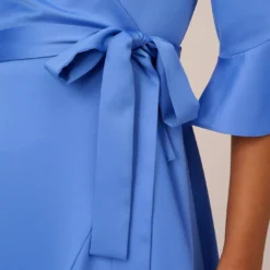 Adrianna Papell Satin Faux Wrap Dress With Ruffled Three-Quarter Sleeves In Precious Peri -Cheap Vesta Gleam Store AP1D105057 AM492 Regular Lifestyle