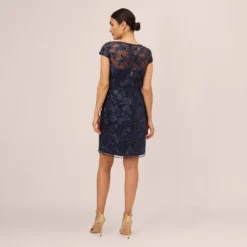 Adrianna Papell Sequin Floral Short Sleeve Dress With Popover In Navy -Cheap Vesta Gleam Store AP1D105080 AA412 Regular Back