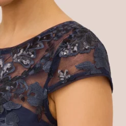 Adrianna Papell Sequin Floral Short Sleeve Dress With Popover In Navy -Cheap Vesta Gleam Store AP1D105080 AA412 Regular Lifestyle