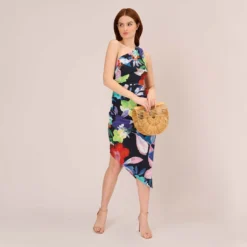 Adrianna Papell Multicolor Floral Jersey Midi Dress With One Shoulder Neckline In Dark Navy Multi