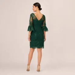 Adrianna Papell Embroidered Sequin Dress With Sheer Bell Sleeves In Deep Forest -Cheap Vesta Gleam Store AP1D105083 AH303 Regular Back