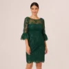 Adrianna Papell Embroidered Sequin Dress With Sheer Bell Sleeves In Deep Forest